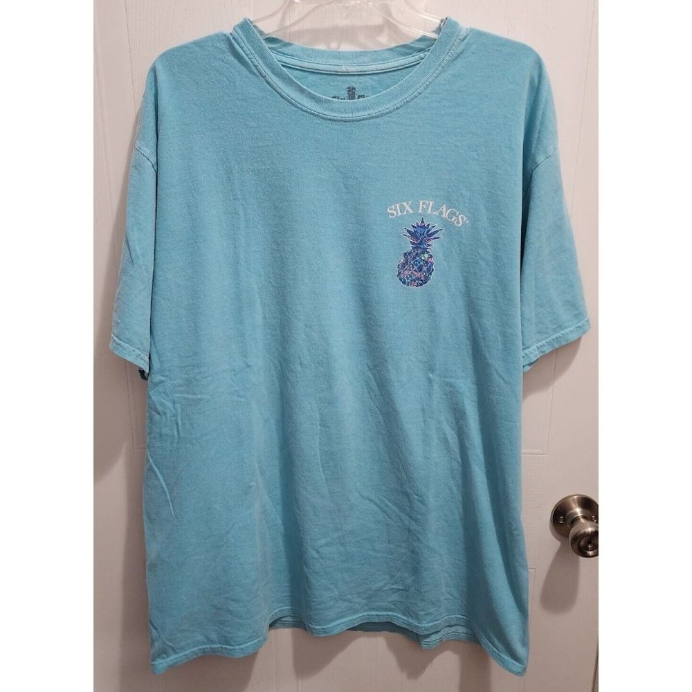 Six Flags Fiesta Texas Light Blue Paisley Pineapple T-Shirt Size XL 100% Cotton